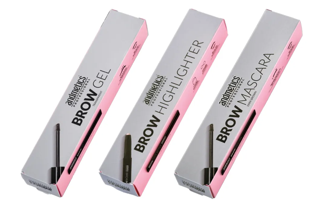 Drei Verpackungen von Augenbrauenprodukten