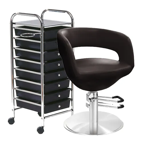 Ein schwarzer Friseurstuhl  und einen Friseurwagen